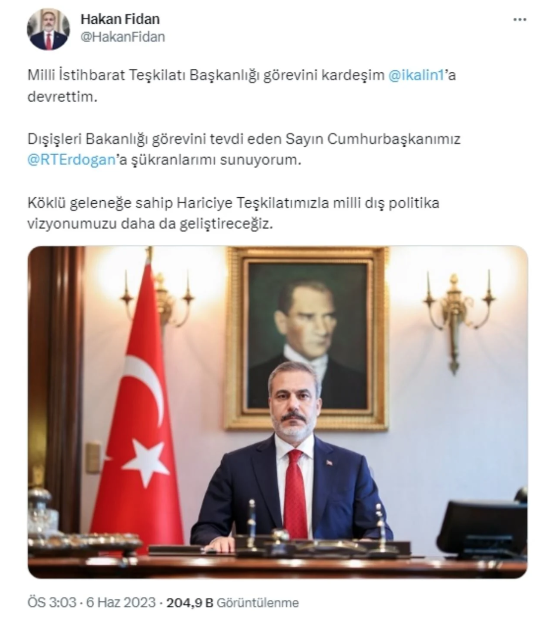 hakan fidan dan yeni gorevinden ilk mesaj